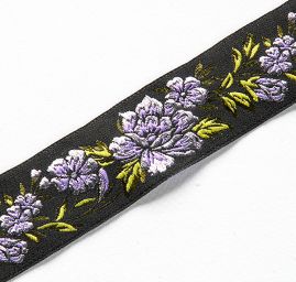 Stuha vyšívaná květy černá/fialová