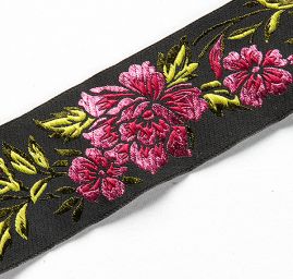 Stuha vyšívaná květy černá/růžová široká