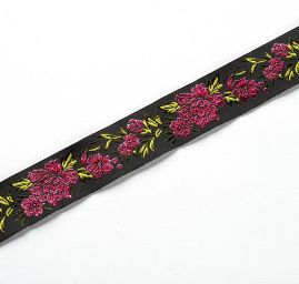 Stuha vyšívaná květy černá/růžová úzká