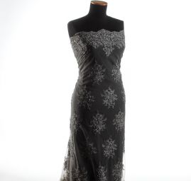 Krajka výšivka na tylu s korálky rokajlem šedá/stříbrná