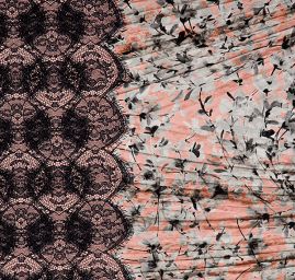 Hedvábný atlas květinový motiv/krajka starorůžová