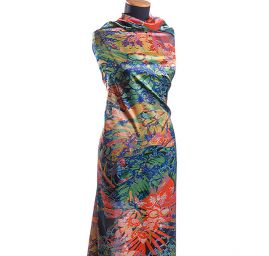 Atlasová látka motiv listů/hadí kůže modrá