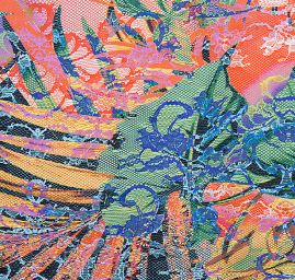 Atlasová látka motiv listů/hadí kůže modrá