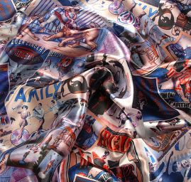 Mikado tkanina motiv vintage print fialová/modrá