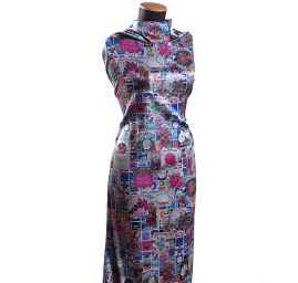 Hedvábný atlas motiv vintage print zeleno/šedá