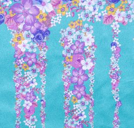 Atlas variace kimono květy bordura tyrkysová