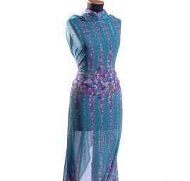 Žoržet variace kimono styl květy bordura tyrkysová