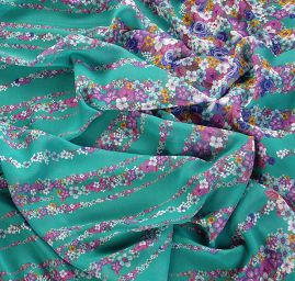 Žoržet variace kimono styl květy bordura tyrkysová