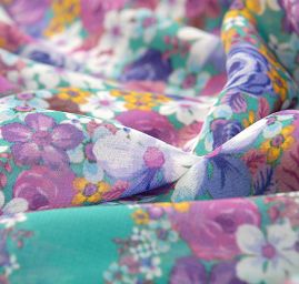 Žoržet variace kimono styl květy bordura tyrkysová