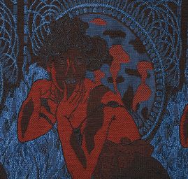 Dekorační tkanina secese Mucha modrá/hnědá