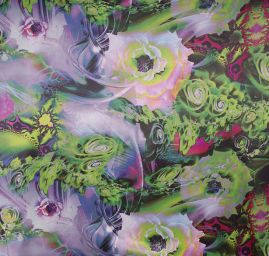 Satén fantazie v barvách zelené/pastel fialové