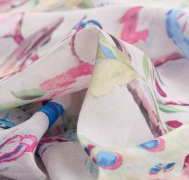 Šifon jemný se vzorem pávů a květin v béžovém