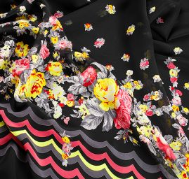 Šifon vzor květy/vlnky černé