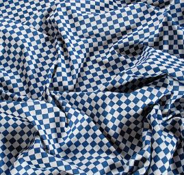 Žakárová pružná látka vzor kostky modrá