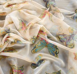 Jemný šifon vzor motýlci žlutá/smetanová