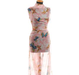 Jemný šifon vzor motýlci růžová/smetanová