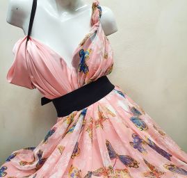 Jemný šifon vzor motýlci růžová/smetanová