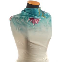 Jemný šifon bordura akvarel květy tyrkysový