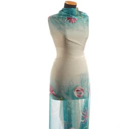 Jemný šifon bordura akvarel květy tyrkysový