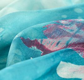 Jemný šifon bordura akvarel květy tyrkysový