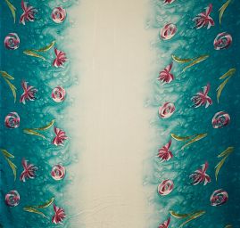 Jemný šifon bordura akvarel květy tyrkysový