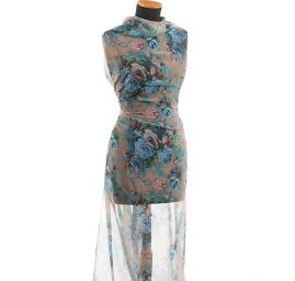 Jemný šifon romantický motiv růží modrozelený