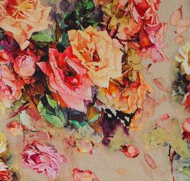 Jemný šifon romantický motiv růží růžovo/oranžový