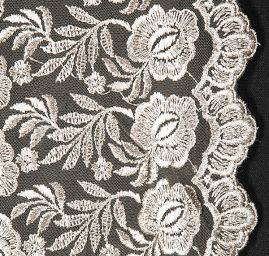 Krajka výšivka na tylu květy ocelově šedá