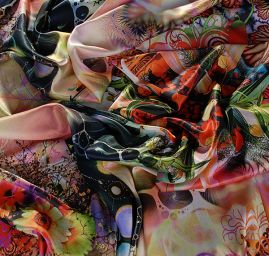 Satén motiv korálů a růží v zářivých barvách