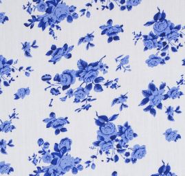 Viskozová šatová látka folklórní květy v modrobílé