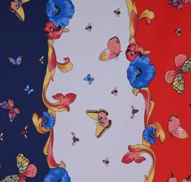 Hedvábný krepdešín tisk motýlci červená/modrá/bílá
