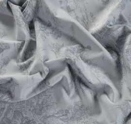 Látka s motivem toile de jouy šedomdrá