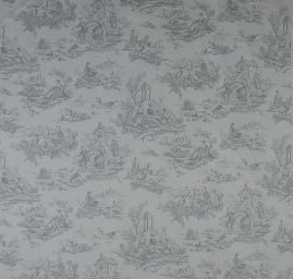 Látka s motivem toile de jouy šedomdrá