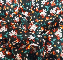 Viskozová šatová látka tisk malé květy černá