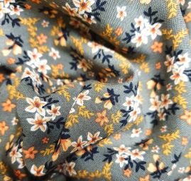 Viskozová šatová látka tisk malé květy olivová