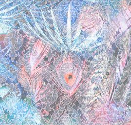 Žakárová pružná látka ornamenty tisk paví pera růžová