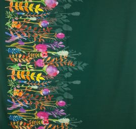 Žoržet šatový pružný bordura květy tm.zelený