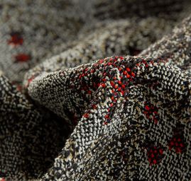 Žakárová oděvní látka secesní vzor jeřabiny olivová