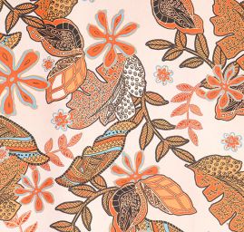 Šatová látka imitace hedvábí květinový vzor skořice