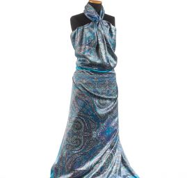 Satén nepružný motiv ornamentu modrý/fialový