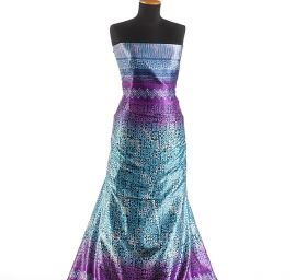 Satén nepružný motiv ornament fialovozelená