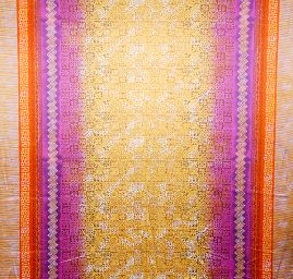 Satén nepružný motiv ornament fialovožlutý 