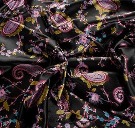 Satén nepružný motiv paisley černý