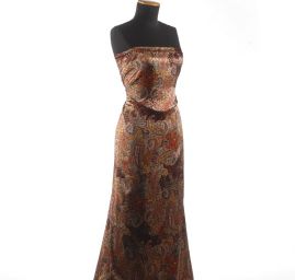 Hedvábný atlas pružný paisley vzor  hnědomodrý