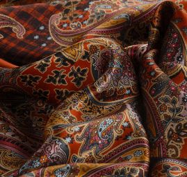 Hedvábný atlas pružný paisley vzor  hnědomodrý