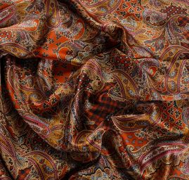Hedvábný atlas pružný paisley vzor  hnědomodrý