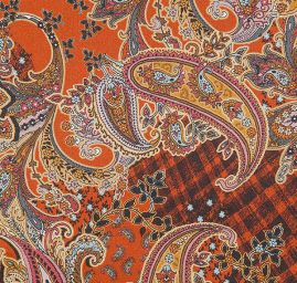 Hedvábný atlas pružný paisley vzor  hnědomodrý