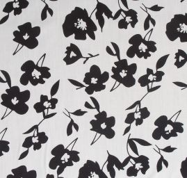 Viskozová šatová látka vzor květů bílá/černá