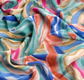 Viskozová šatová látka motiv tahy štětcem tyrkys