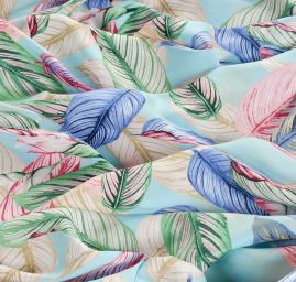 Viskozová šatová látka listy světle modrá